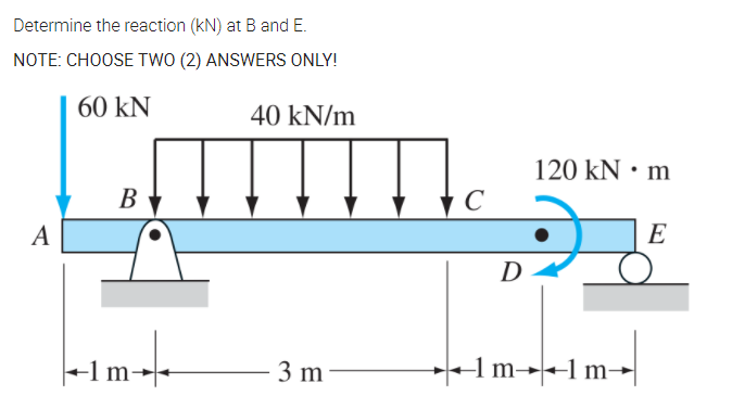 Determine the reaction (kN) at B and E.
NOTE: CHOOSE TWO (2) ANSWERS ONLY!
60 kN
40 kN/m
120 kN • m
В
C
A
E
D
3 m
1m→+1m-
m
