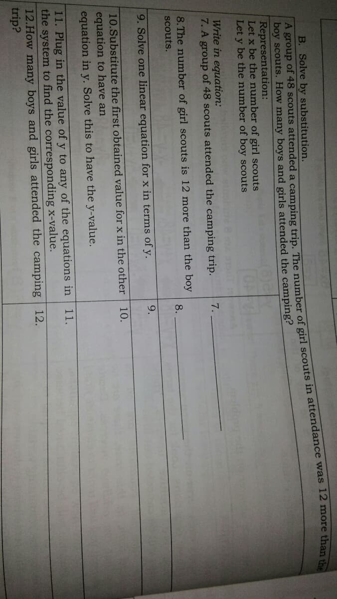 B. Solve by substitution.
boy scouts. How many boys and girls attended the camping?
Representation:
Let x be the number of girl scouts
Let y be the number of boy scouts
Write in equation:
7. A group of 48 scouts attended the camping trip.
7.
8.The number of girl scouts is 12 more than the boy
8.
scouts.
9. Solve one linear equation for x in terms of y.
9.
10.Substitute the first obtained value for x in the other
equation to have an
equation in y. Solve this to have the y-value.
10.
11. Plug in the value of y to any of the equations in
the system to find the corresponding x-value.
12.How many boys and girls attended the camping 12.
trip?
11.
A of 48 a of girl scouts in was 12 more than the

