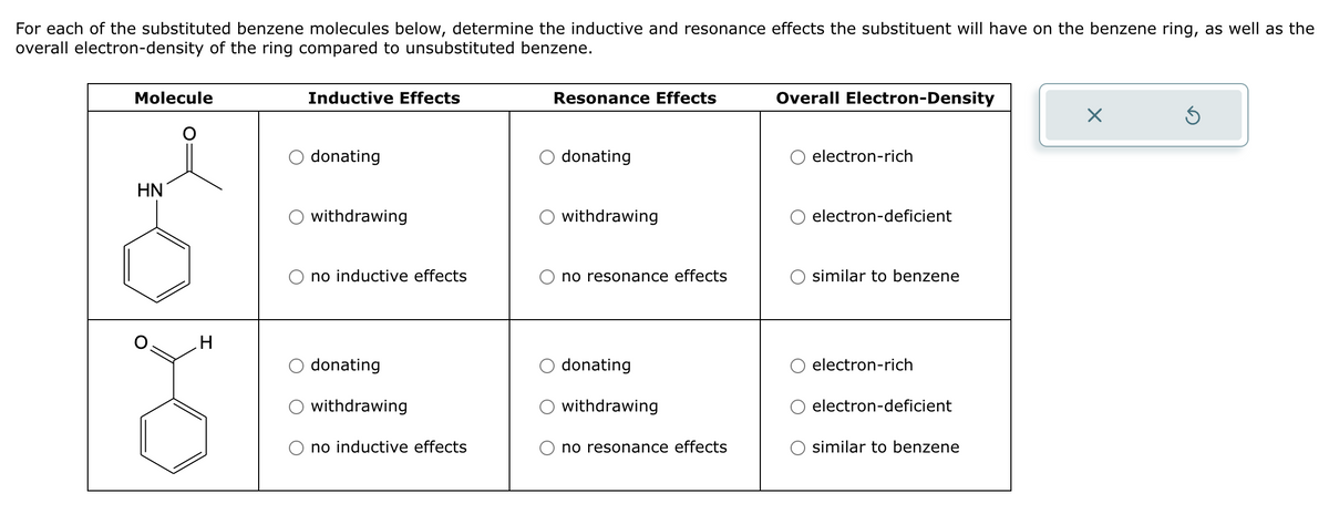 For each of the substituted benzene molecules below, determine the inductive and resonance effects the substituent will have on the benzene ring, as well as the
overall electron-density of the ring compared to unsubstituted benzene.
Molecule
HN
H
Inductive Effects
O donating
O withdrawing
no inductive effects
donating
withdrawing
no inductive effects
Resonance Effects
donating
withdrawing
no resonance effects
donating
withdrawing
no resonance effects
Overall Electron-Density
electron-rich
electron-deficient
similar to benzene
electron-rich
electron-deficient
similar to benzene
X
Ś