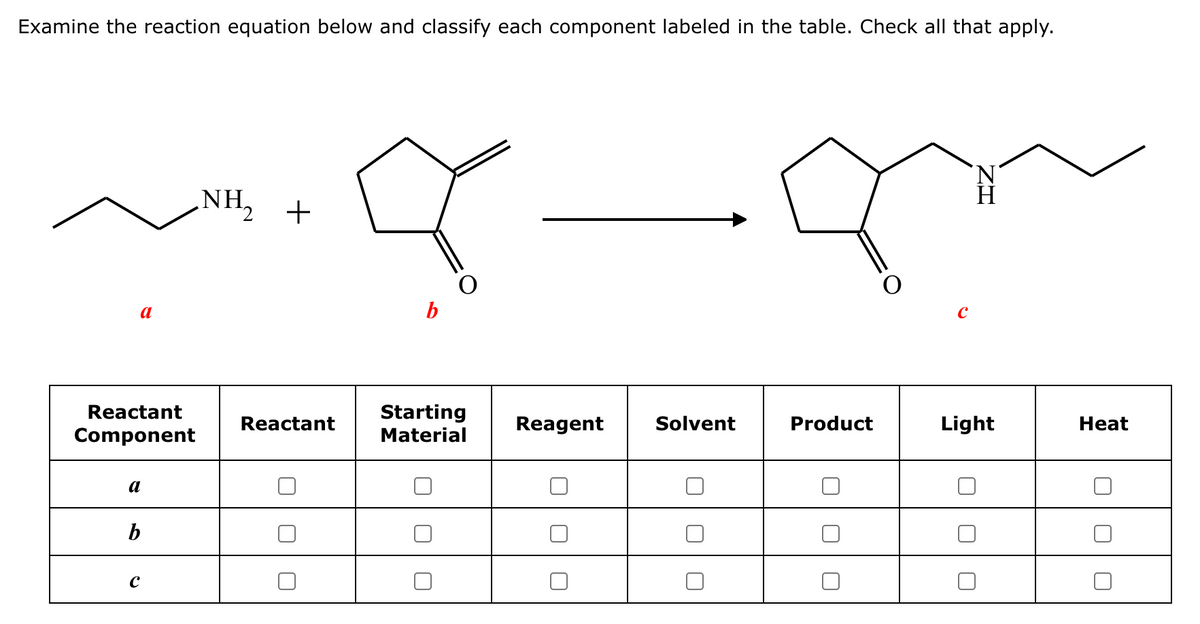 Examine the reaction equation below and classify each component labeled in the table. Check all that apply.
a
Reactant
Component
a
b
с
NH₂ +
Reactant
b
Starting
Material
Reagent Solvent
010
Product
с
77
Light
Heat