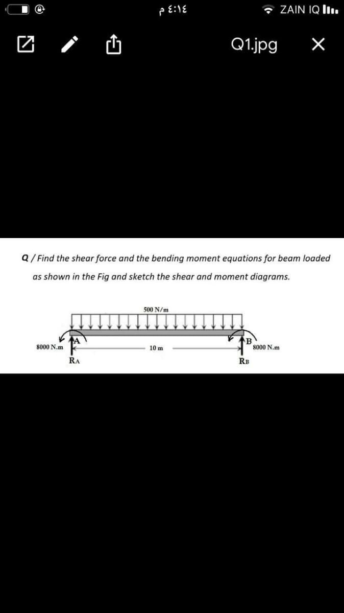 * ZAIN IQ lI,
团 /
Q1.jpg
Q/ Find the shear force and the bending moment equations for beam loaded
as shown in the Fig and sketch the shear and moment diagrams.
500 N/m
8000 N.m
10 m
8000 N.m
RA
RB
