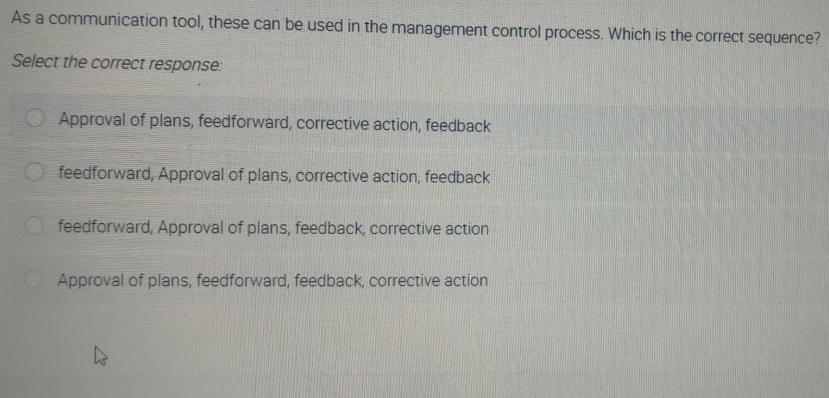 As a communication tool, these can be used in the management control process. Which is the correct sequence?
Select the correct response
Approval of plans, feedforward, corrective action, feedback
feedforward, Approval of plans, corrective action, feedback
feedforward, Approval of plans, feedback, corrective action
Approval of plans, feedforward, feedback, corrective action
