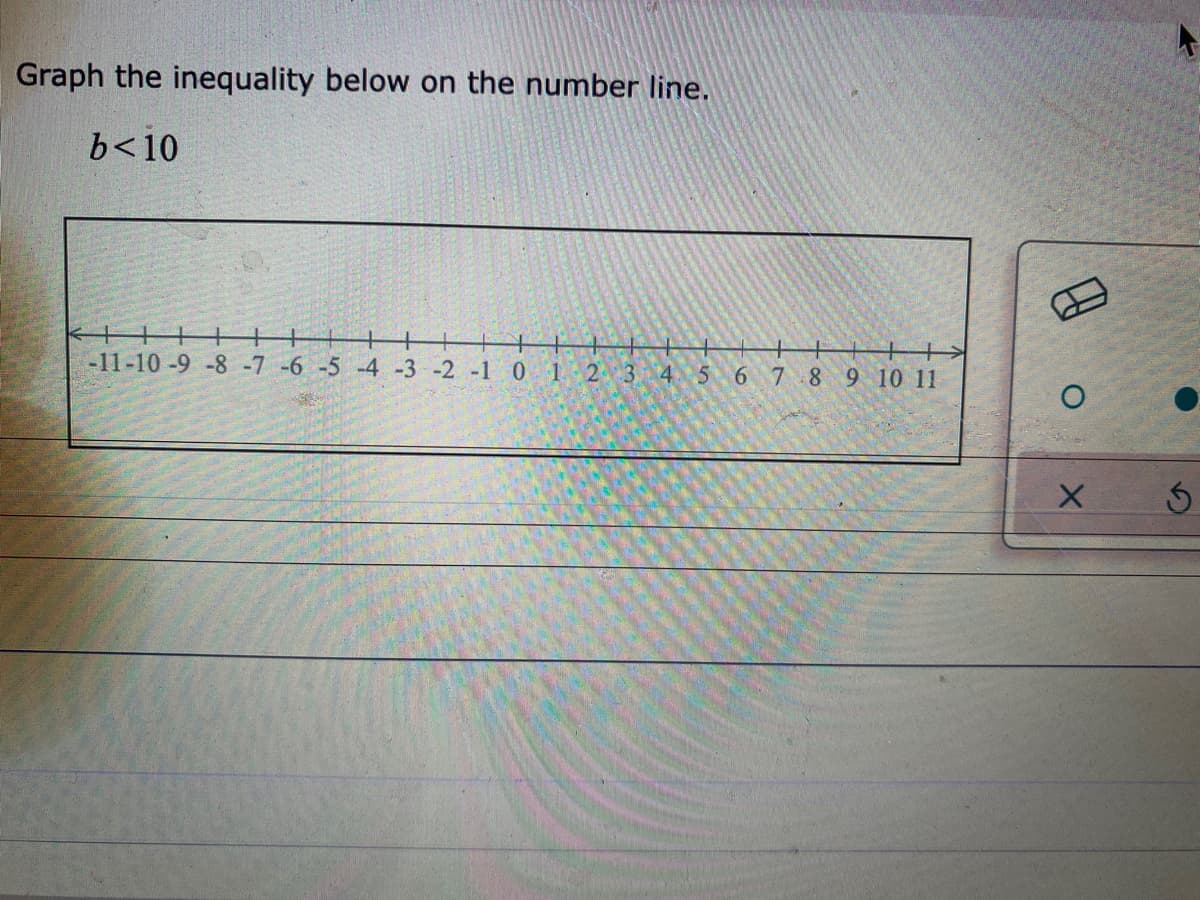 Graph the inequality below on the number line.
b<10
+
-11-10 -9 -8-7 -6 -5 -4 -3 -2 -1 0 1 2 3 4 5 6 7 8 9 10 11
