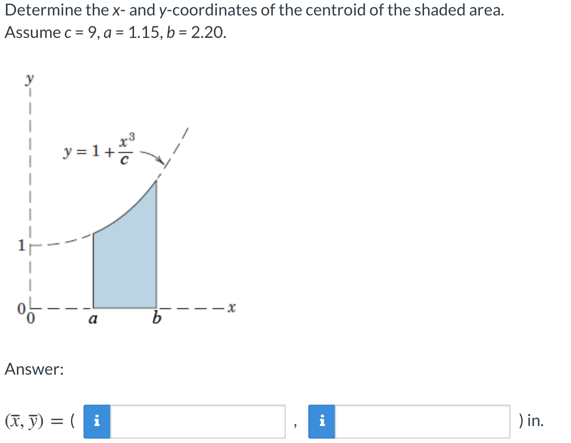 Determine the x- and y-coordinates of the centroid of the shaded area.
Assume c = 9, a = 1.15, b = 2.20.
y
y = 1+
a
Answer:
(X, J) = ( i
i
) in.

