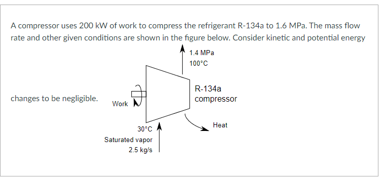 A compressor uses 200 kW of work to compress the refrigerant R-134a to 1.6 MPa. The mass flow
rate and other given conditions are shown in the figure below. Consider kinetic and potential energy
1.4 MPa
100°C
changes to be negligible.
Work
30°C
Saturated vapor
2.5 kg/s
R-134a
compressor
Heat