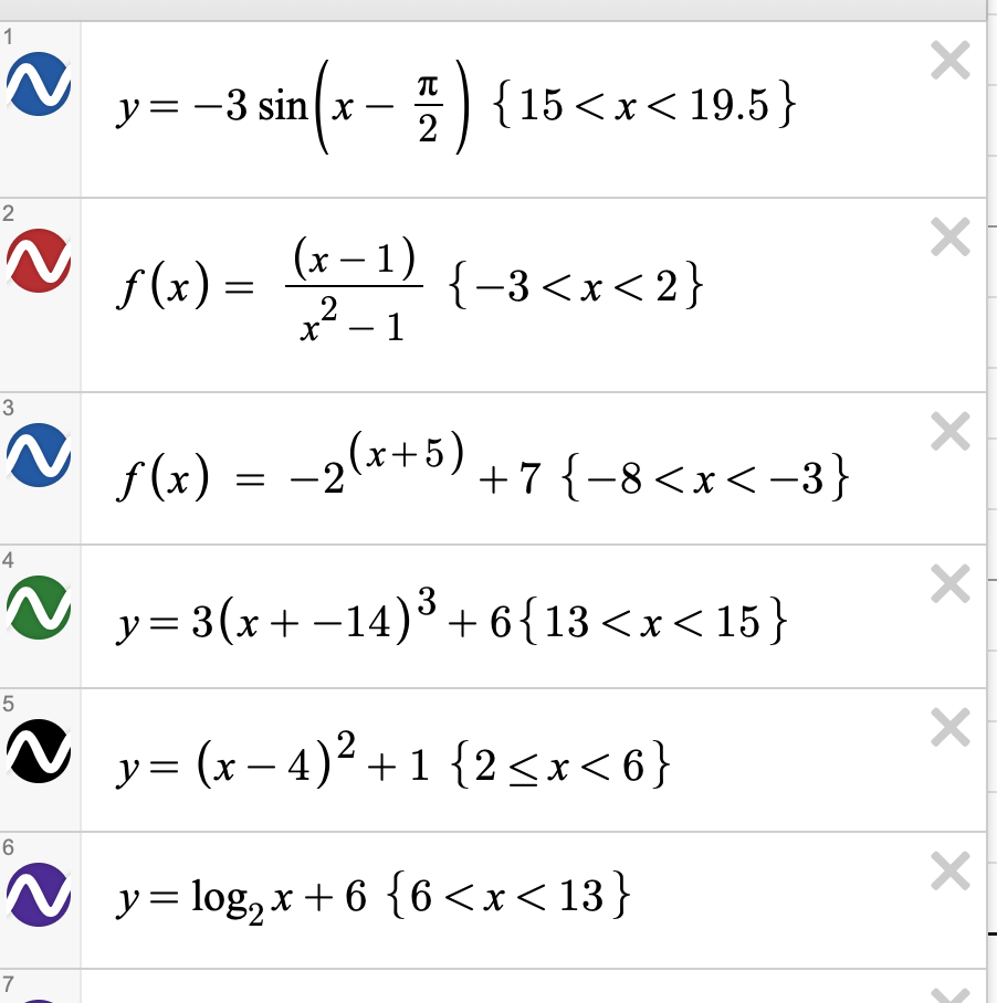 1
y= -3 sin(x - ) (15 <x< 19.5}
sin(x-즉){15<x< 19.5 }
2
(x – 1)
f(x) =
{-3<x<2}
x - 1
3
s (x) = -2(x+5)
+7 {-8<x< -3}
4
y = 3(x + -14)+6{13<x<15}
5
y= (x – 4)² +1 {2<x<6}
-
6
N y= log, x +6 {6<x<13}
7
