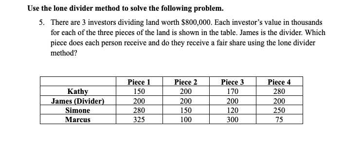 Use the lone divider method to solve the following problem.
5. There are 3 investors dividing land worth $800,000. Each investor's value in thousands
for each of the three pieces of the land is shown in the table. James is the divider. Which
piece does each person receive and do they receive a fair share using the lone divider
method?
Piece 1
Piece 2
Piece 3
Piece 4
Kathy
James (Divider)
150
200
170
280
200
280
200
200
200
Simone
150
120
250
Marcus
325
100
300
75
