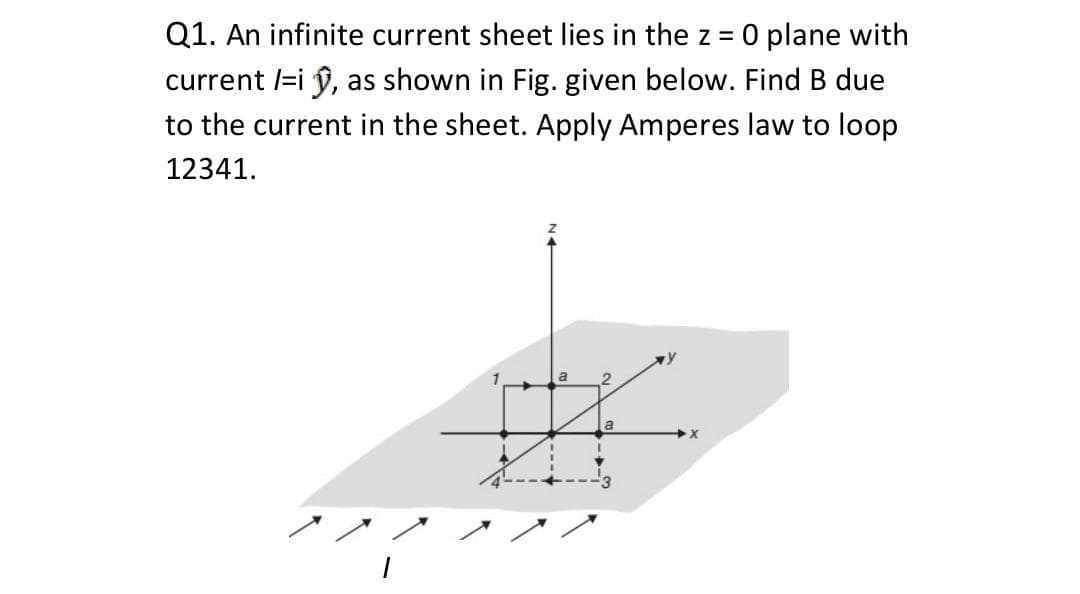 Q1. An infinite current sheet lies in the z = 0 plane with
current l=i ŷ, as shown in Fig. given below. Find B due
to the current in the sheet. Apply Amperes law to loop
12341.
a
