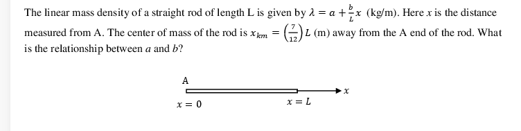The linear mass density of a straight rod of length L is given by a = a +?x (kg/m). Here x is the distance
measured from A. The center of mass of the rod is xjem = () L (m) away from the A end of the rod. What
is the relationship between a and b?
A
x = L
x = 0
