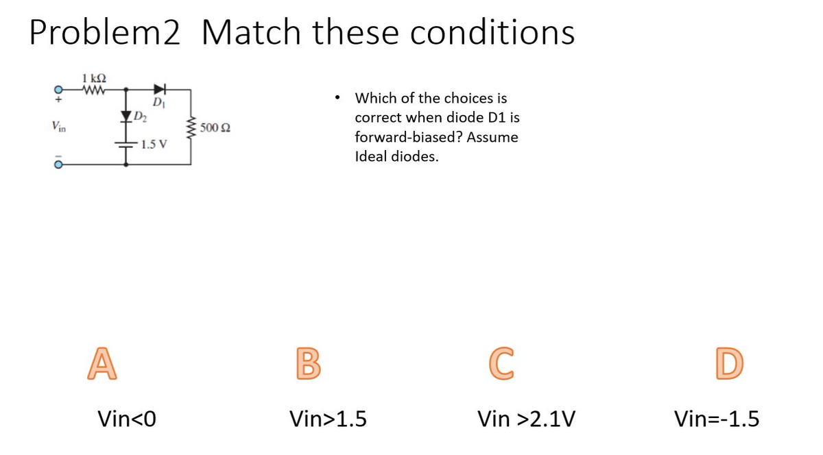 Problem2 Match these conditions
1 ΚΩ
DI
Which of the choices is
correct when diode D1 is
Vin
500 2
forward-biased? Assume
1.5 V
Ideal diodes.
A
C
Vin<0
Vin>1.5
Vin >2.1V
Vin=-1.5
