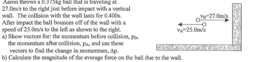 Aaron throws a 0.375kg ball that is traveling at
27.0m/s to the right just before impact with a vertical
wall. The collision with the wall lasts for 0.400s.
After impact the ball bounces off of the wall with a
speed of 25.0m/s to the left as shown to the right.
a) Show vectors for: the momentum before collision, PB,
the momentum after collision, PA, and use these
vectors to find the change in momentum, Ap.
b) Calculate the magnitude of the average force on the ball due to the wall.
VB 27.0m/s
VA 25.0m/s