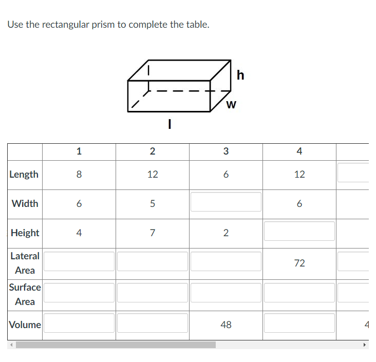 Use the rectangular prism to complete the table.
h
3
4
Length
8
12
6
12
Width
6
Height
4
7
2
Lateral
72
Area
Surface
Area
Volume
48
4
w/
1.
