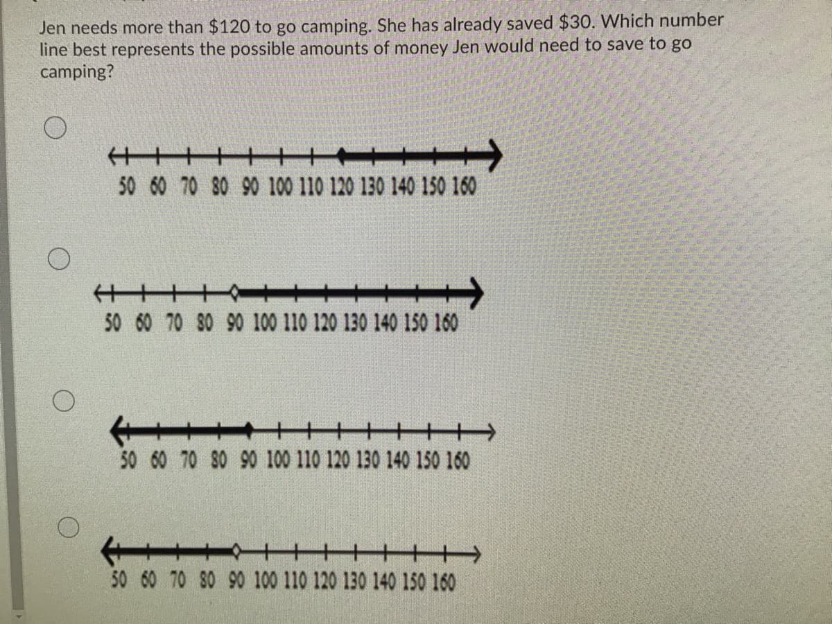 Jen needs more than $120 to go camping. She has already saved $30. Which number
line best represents the possible amounts of money Jen would need to save to go
camping?
50 60 70 80 90 100 110 120 130 140 150 160
千+
50 60 70 S0 90 100 110 120 130 140 150 160
->
50 60 70 80 90 100 110 120 130 140 150 160
->
50 60 70 80 90 100 110 120 130 140 150 160
