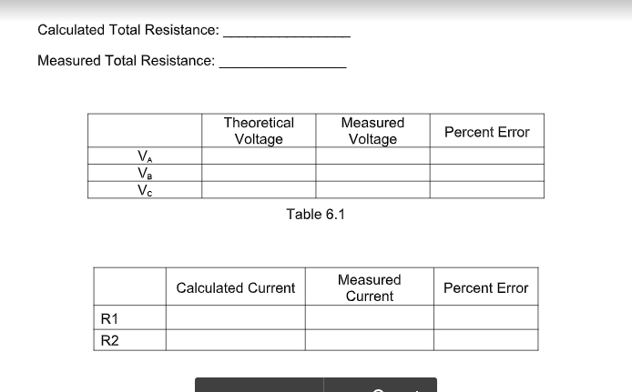 Calculated Total Resistance:
Measured Total Resistance:
Theoretical
Measured
Percent Error
Voltage
Voltage
VA
Va
Vc
Table 6.1
Measured
Current
Calculated Current
Percent Error
R1
R2
