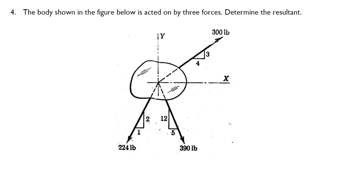 4. The body shown in the figure below is acted on by three forces. Determine the resultant.
224 lb
|Y
12
5
390 lb
300 lb
X