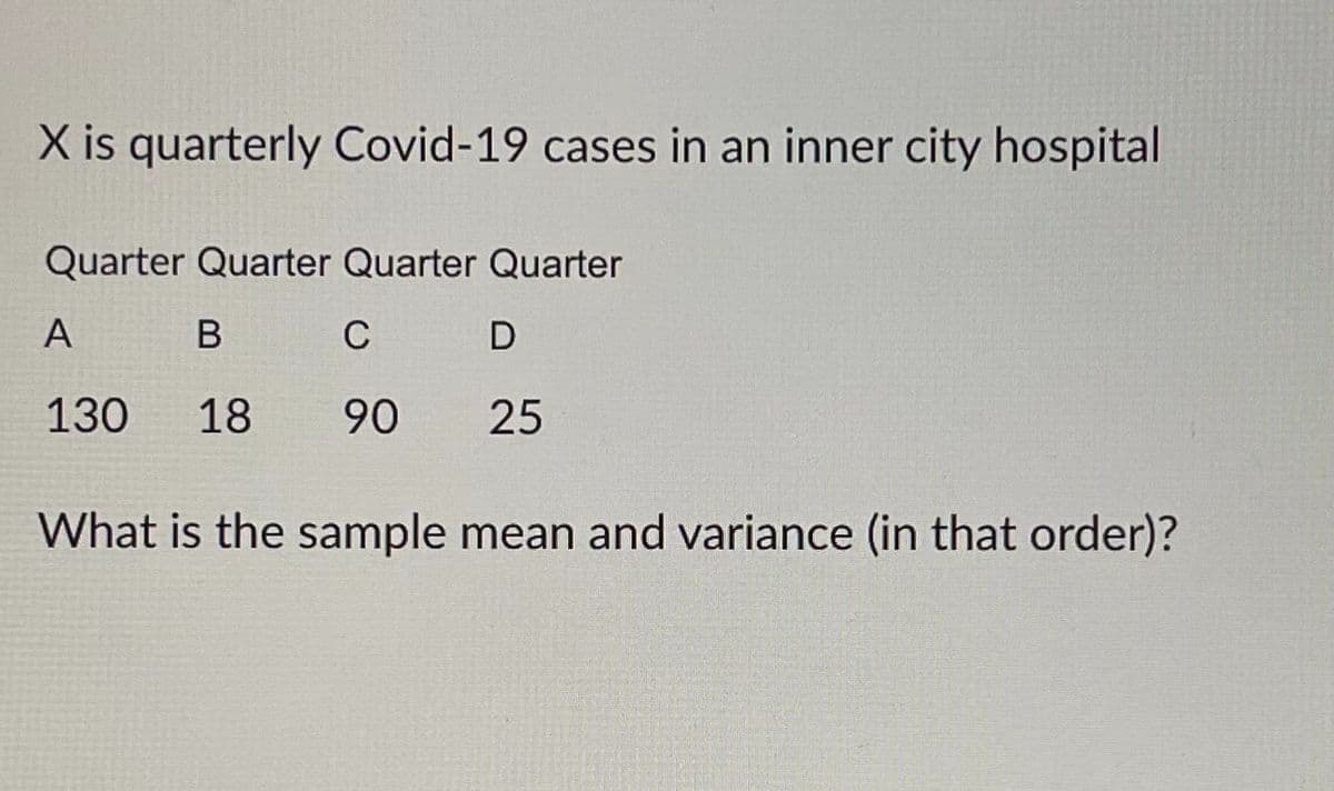 X is quarterly Covid-19 cases in an inner city hospital
Quarter Quarter Quarter Quarter
A
C
130
18
90
25
What is the sample mean and variance (in that order)?
