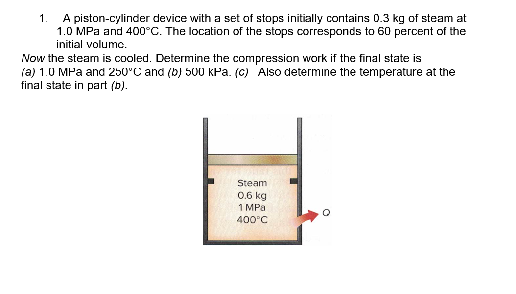 1.
A piston-cylinder device with a set of stops initially contains 0.3 kg of steam at
1.0 MPa and 400°C. The location of the stops corresponds to 60 percent of the
initial volume.
Now the steam is cooled. Determine the compression work if the final state is
(a) 1.0 MPa and 250°C and (b) 500 kPa. (c) Also determine the temperature at the
final state in part (b).
Steam
0.6 kg
1 MPa
Q
400°C
