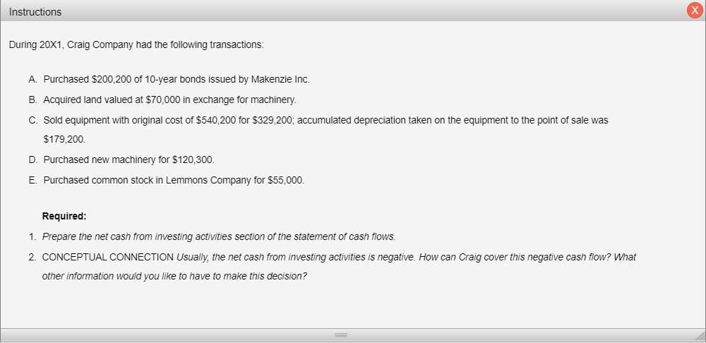 Instructions
During 20X1, Craig Company had the following transactions:
A. Purchased $200,200 of 10-year bonds issued by Makenzie Inc.
B. Acquired land valued at $70,000 in exchange for machinery.
C. Sold equipment with original cost of $540,200 for $329,200; accumulated depreciation taken on the equipment to the point of sale was
$179,200.
D. Purchased new machinery for $120,300.
E. Purchased common stock in Lemmons Company for $55,000.
Required:
1. Prepare the net cash from investing activities section of the statement of cash flows.
2. CONCEPTUAL CONNECTION Usually, the net cash from investing activities is negative. How can Craig cover this negative cash flow? What
other information would you like to have to make this decision?
