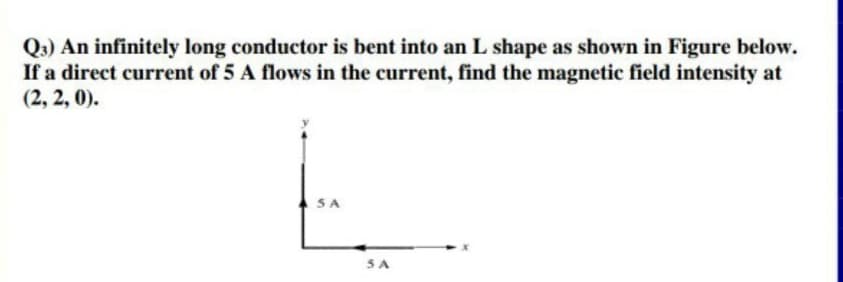 Q3) An infinitely long conductor is bent into an L shape as shown in Figure below.
If a direct current of 5 A flows in the current, find the magnetic field intensity at
(2, 2, 0).
SA
SA
