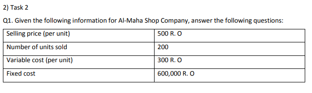 2) Task 2
Q1. Given the following information for Al-Maha Shop Company, answer the following questions:
Selling price (per unit)
500 R. O
Number of units sold
200
Variable cost (per unit)
300 R. O
Fixed cost
600,000 R. O
