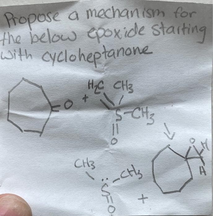 a mechanism for
Propose
the below epoxide Starting
with cycloheptanone
HC CH3
SCH3
CH3
CHs
VFO
