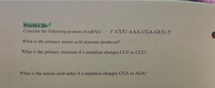 Practice 26:
Consider the following portion of mRNA:
3'-CUU-AAA-CGA-GUU-5'
What is the primary amino acid structure produced?
What is the primary structure if a mutation changes CUU to COCU?
What is the amino acid order if a mutation changes CGA to AGA?
