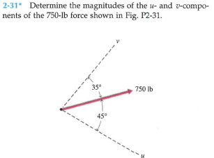 2-31 Determine the magnitudes of the u- and v-compo-
nents of the 750-lb force shown in Fig. P2-31.
35
750 lb
45°
