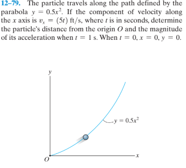 12–79. The particle travels along the path defined by the
parabola y = 0.5x?. If the component of velocity along
the x axis is v, = (5t) ft/s, where t is in seconds, determine
the particle's distance from the origin O and the magnitude
of its acceleration when t = 1 s. When t = 0, x = 0, y = 0.
%3D
-y = 0.5x
