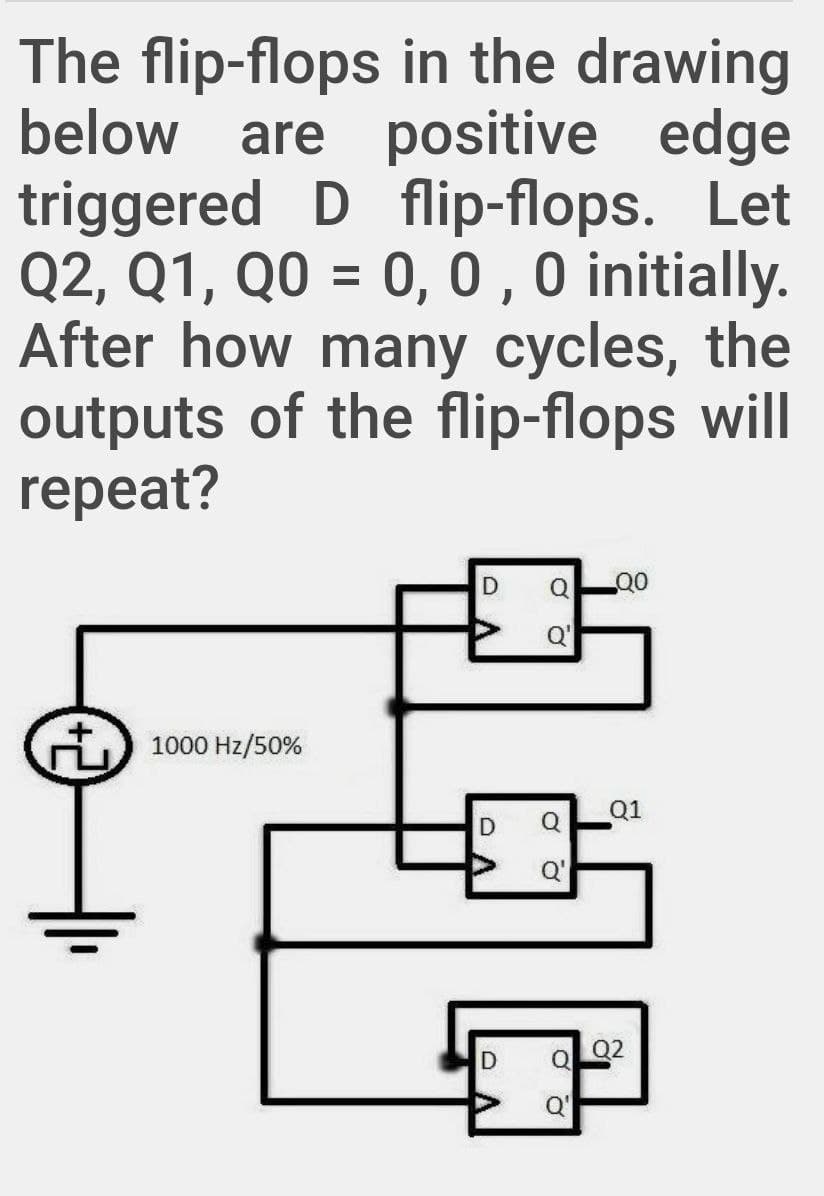 The flip-flops in the drawing
below
are positive edge
triggered D flip-flops. Let
Q2, Q1, Q0 = 0, 0 , 0 initially.
After how many cycles, the
outputs of the flip-flops will
repeat?
Q'
1000 Hz/50%
Q1
Q
Q2
