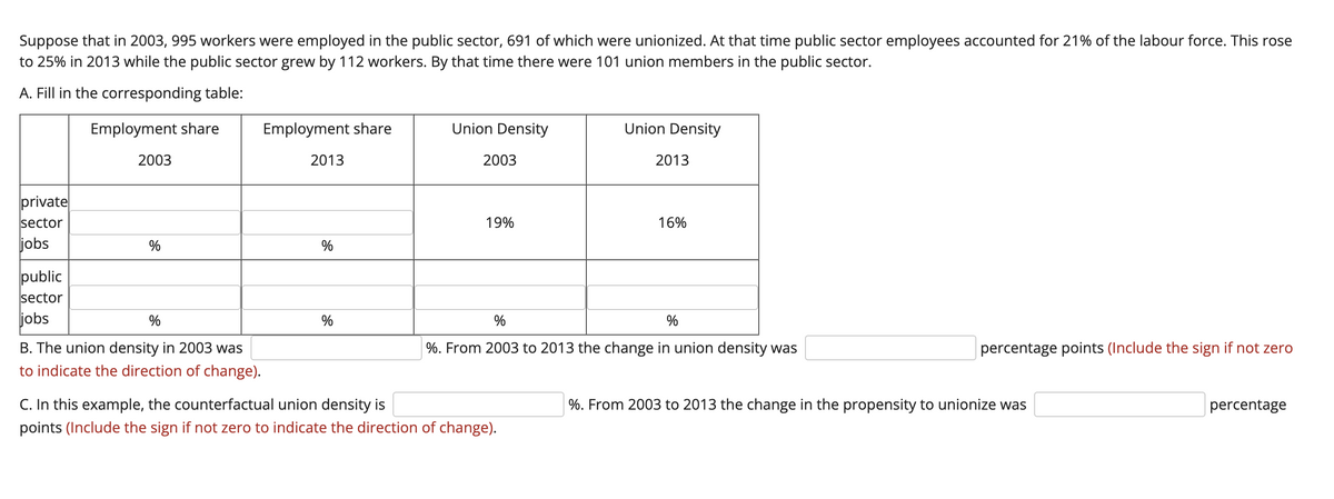 Suppose that in 2003, 995 workers were employed in the public sector, 691 of which were unionized. At that time public sector employees accounted for 21% of the labour force. This rose
to 25% in 2013 while the public sector grew by 112 workers. By that time there were 101 union members in the public sector.
A. Fill in the corresponding table:
Employment share
Employment share
Union Density
Union Density
2003
2013
2003
2013
private
sector
19%
16%
jobs
public
sector
jobs
%
%
%. From 2003 to 2013 the change in union density was
B. The union density in 2003 was
to indicate the direction of change).
percentage points (Include the sign if not zero
C. In this example, the counterfactual union density is
%. From 2003 to 2013 the change in the propensity to unionize was
percentage
points (Include the sign if not zero to indicate the direction of change).
