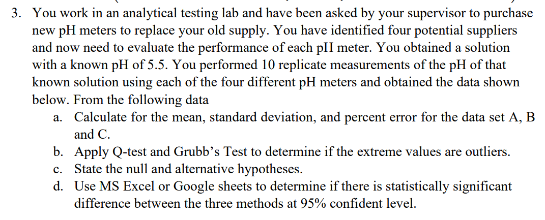 3. You work in an analytical testing lab and have been asked by your supervisor to purchase
new pH meters to replace your old supply. You have identified four potential suppliers
and now need to evaluate the performance of each pH meter. You obtained a solution
with a known pH of 5.5. You performed 10 replicate measurements of the pH of that
known solution using each of the four different pH meters and obtained the data shown
below. From the following data
a. Calculate for the mean, standard deviation, and percent error for the data set A, B
and C.
b. Apply Q-test and Grubb's Test to determine if the extreme values are outliers.
c. State the null and alternative hypotheses.
d. Use MS Excel or Google sheets to determine if there is statistically significant
difference between the three methods at 95% confident level.
