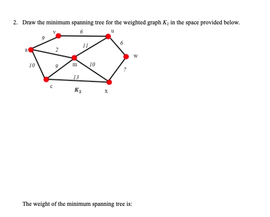 2. Draw the minimum spanning tree for the weighted graph K, in the space provided below.
6
10
9
m
10
13
K2
The weight of the minimum spanning tree is:
