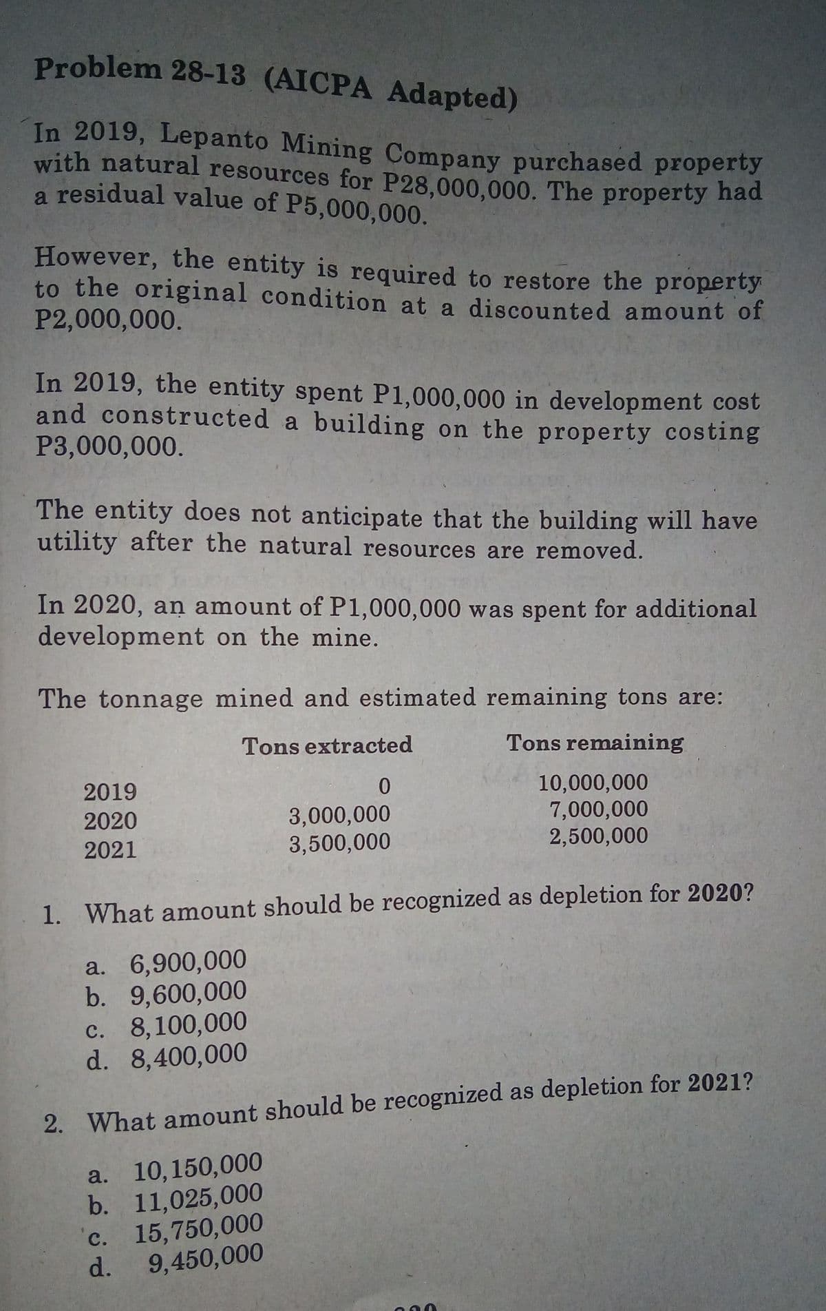 a residual value of P5,000,000.
In 2019, Lepanto Mining Company purchased property
Problem 28-13 (AICPA Adapted)
with natural resources for P28,000,000. The property had
However, the entity is required to restore the property
to the original condition at a discounted amount of
P2,000,000.
In 2019, the entity spent P1,000,000 in development cost
and constructed a building on the property costing
P3,000,000.
The entity does not anticipate that the building will have
utility after the natural resources are removed.
In 2020, an amount of P1,000,000 was spent for additional
development on the mine.
The tonnage mined and estimated remaining tons are:
Tons extracted
Tons remaining
10,000,000
7,000,000
2,500,000
2019
3,000,000
3,500,000
2020
2021
1. What amount should be recognized as depletion for 2020?
a. 6,900,000
b. 9,600,000
c. 8,100,000
d. 8,400,000
2. What amount should be recognized as depletion for 2021?
a. 10,150,000
b. 11,025,000
c. 15,750,000
d.
9,450,000
