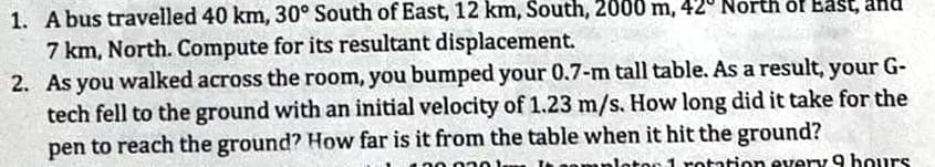 1. A bus travelled 40 km, 30° South of East, 12 km, South, 2000 m, 42° North of East,
7 km, North. Compute for its resultant displacement.
2. As you walked across the room, you bumped your 0.7-m tall table. As a result, your G-
tech fell to the ground with an initial velocity of 1.23 m/s. How long did it take for the
pen to reach the ground? How far is it from the table when it hit the ground?
plotor 1 rotation every 9 hours