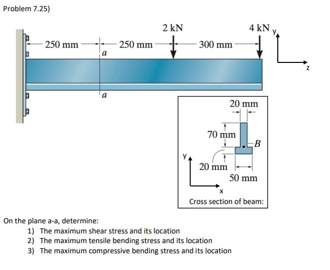 Problem 7.25)
2 kN
4 kN
250 mm
250 mm
300 mm
a
a
20 mm
70 mm
B
20 mm
50 mm
Cross section of beam:
On the plane a-a, determine:
1) The maximum shear stress and its location
2) The maximum tensile bending stress and its location
3) The maximum compressive bending stress and its location
