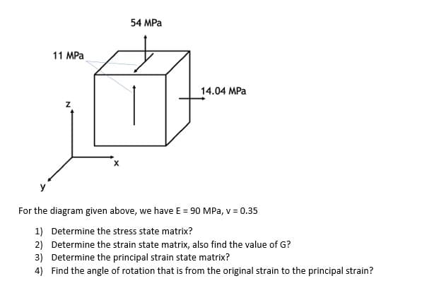54 MPa
11 MPa
14.04 MPa
X
y
For the diagram given above, we have E = 90 MPa, v = 0.35
1) Determine the stress state matrix?
2) Determine the strain state matrix, also find the value of G?
3) Determine the principal strain state matrix?
4) Find the angle of rotation that is from the original strain to the principal strain?

