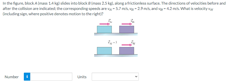 In the figure, block A (mass 1.4 kg) slides into block B (mass 2.5 kg), along a frictionless surface. The directions of velocities before and
after the collision are indicated; the corresponding speeds are VA¡ = 5.7 m/s, VB¡ = 2.9 m/s, and VBf = 4.2 m/s. What is velocity Vaf
(including sign, where positive denotes motion to the right)?
Number i
Units
V₁y = ?
Vi
VB