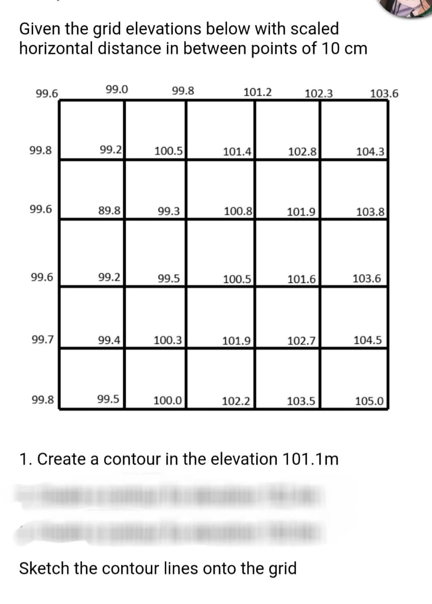 Given the grid elevations below with scaled
horizontal distance in between points of 10 cm
99.6
99.0
99.8
101.2
102.3
103.6
99.8
99.2
100.5
101.4
102.8
104.3
99.6
89.8
99.3
100.8
101.9
103.8
99.6
99.2
99.5
100.5
101.6
103.6
99.7
99.4
100.3
101.9
102.7
104.5
99.8
99.5
100.0
102.2
103.5
105.0
1. Create a contour in the elevation 101.1m
Sketch the contour lines onto the grid
