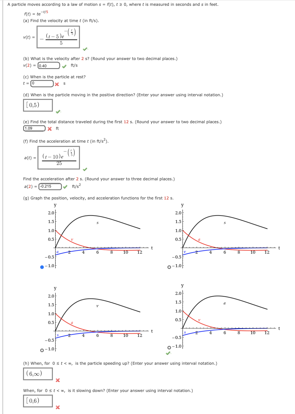 A particle moves according to a law of motion s = f(t), t 2 0, where t is measured in seconds and s in feet.
f(t) = tet/5
(a) Find the velocity at time t (in ft/s).
v(t) =
(† – 5)e
(b) What is the velocity after 2 s? (Round your answer to two decimal places.)
v(2) = [0.40
v ft/s
(c) When is the particle at rest?
t = [0
X S
(d) When is the particle moving in the positive direction? (Enter your answer using interval notation.)
[0,5)
(e) Find the total distance traveled during the first 12 s. (Round your answer to two decimal places.)
1.09
X ft
(f) Find the acceleration at time t (in ft/s?).
(1 – 10)e (¿)
25
a(t) =
Find the acceleration after 2 s. (Round your answer to three decimal places.)
a(2) = (-0.215
v ft/s?
(g) Graph the position, velocity, and acceleration functions for the first 12 s.
y
y
2.0
2.0
1.5
1.5
1.0
1.0
0.5
0.5
6.
8
10
12
6.
8.
10
12
-0.5
-0.5
- 1.0F
o-1.0F
y
y
2.0
2.0
1.5
a
1.5
1.0
1.0
0.5
0.5
8.
10
12
10
12
-0.5
-0.5
о-1.0
o-1.0F
(h) When, for 0st< o, is the particle speeding up? (Enter your answer using interval notation.)
(6,00)
When, for 0 st < ∞, is it slowing down? (Enter your answer using interval notation.)
[0,6)
