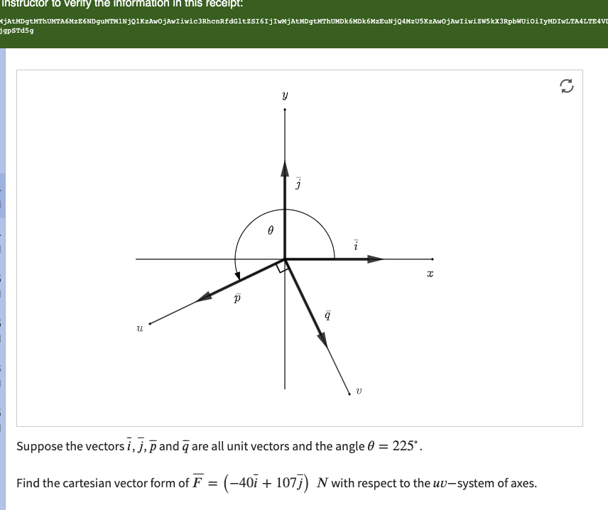 Suppose the vectors i,j,pand q are all unit vectors and the angle 0 = 225'.
Find the cartesian vector form of F = (-40i + 107j) N with respect to the uv-system of axes.
