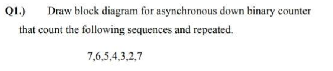 :)
Draw block diagram for asynchronous down binary counter
that count the following sequences and repeated.
7,6,5,4,3,2,7
