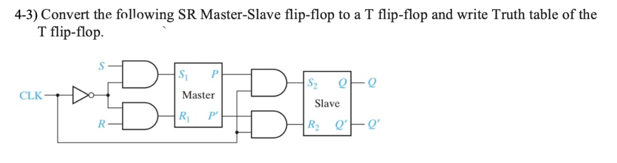 4-3) Convert the following SR Master-Slave flip-flop to a T flip-flop and write Truth table of the
T flip-flop.
CLK
Master
Slave
R1
P'
R2 Q'
· Q'
