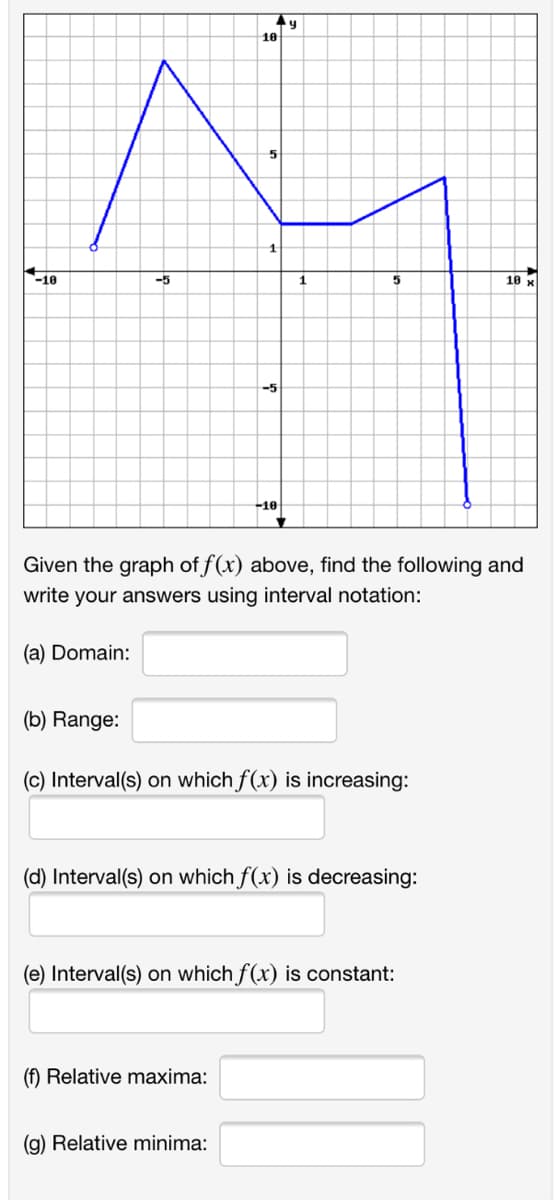 10
10
-5
10 x
-10
Given the graph of f(x) above, find the following and
write your answers using interval notation:
(a) Domain:
(b) Range:
(c) Interval(s) on which f(x) is increasing:
(d) Interval(s) on which f(x) is decreasing:
(e) Interval(s) on which f(x) is constant:
(f) Relative maxima:
(g) Relative minima:
