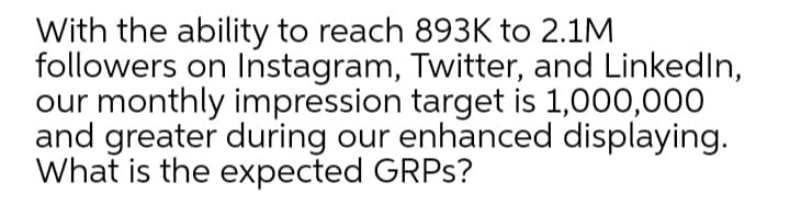 With the ability to reach 893K to 2.1M
followers on Instagram, Twitter, and LinkedIn,
our monthly impression target is 1,000,000
and greater during our enhanced displaying.
What is the expected GRPS?
