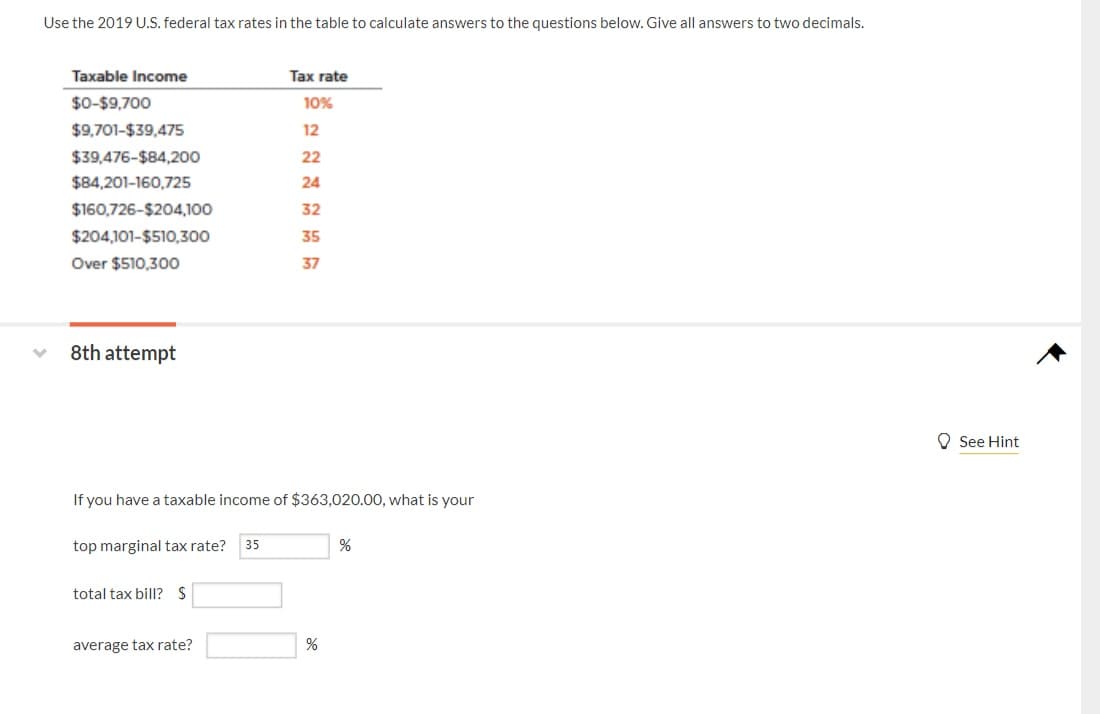 Use the 2019 U.S. federal tax rates in the table to calculate answers to the questions below. Give all answers to two decimals.
Taxable Income
Tax rate
$0-$9,700
10%
$9,701-$39,475
12
$39,476-$84,200
22
$84,201-160,725
24
$160,726-$204,100
32
$204,101-$510,300
35
Over $510,30O
37
8th attempt
O See Hint
If you have a taxable income of $363,020.00, what is your
top marginal tax rate?
35
total tax bill?S
average tax rate?
