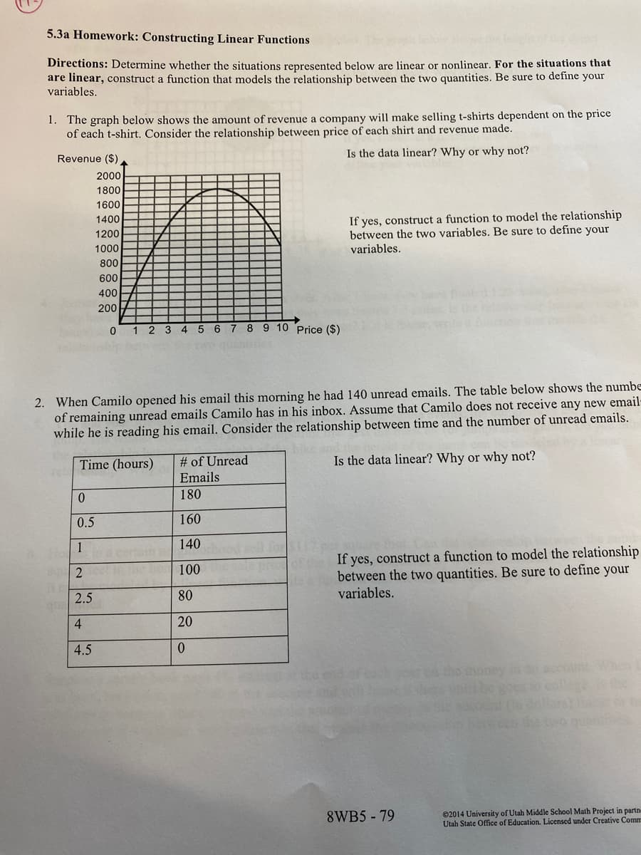 5.3a Homework: Constructing Linear Functions
Directions: Determine whether the situations represented below are linear or nonlinear. For the situations that
are linear, construct a function that models the relationship between the two quantities. Be sure to define your
variables.
1. The graph below shows the amount of revenue a company will make selling t-shirts dependent on the price
of each t-shirt. Consider the relationship between price of each shirt and revenue made.
Is the data linear? Why or why not?
Revenue ($)
2000
1800
1600
If yes, construct a function to model the relationship
between the two variables. Be sure to define your
variables.
1400
1200
1000
800
600
400
200
1 2
45 6 7 8 9 10 Price ($)
2. When Camilo opened his email this morning he had 140 unread emails. The table below shows the numbe
of remaining unread emails Camilo has in his inbox. Assume that Camilo does not receive any new email-
while he is reading his email. Consider the relationship between time and the number of unread emails.
# of Unread
Is the data linear? Why or why not?
Time (hours)
Emails
180
0.5
160
1
140
If yes, construct a function to model the relationship
between the two quantities. Be sure to define your
variables.
100
2.5
80
4.
20
4.5
Atho oney in asco
When t
8WB5 - 79
©2014 University of Utah Middle School Math Project in partn
Utah State Office of Education. Licensed under Creative Comm
