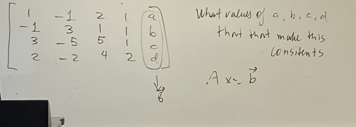 What values e a, b, c, d
that that mawhe this
-1
-1
3
|
- 5
4
consitents
- 2
A x-
2.
2.
