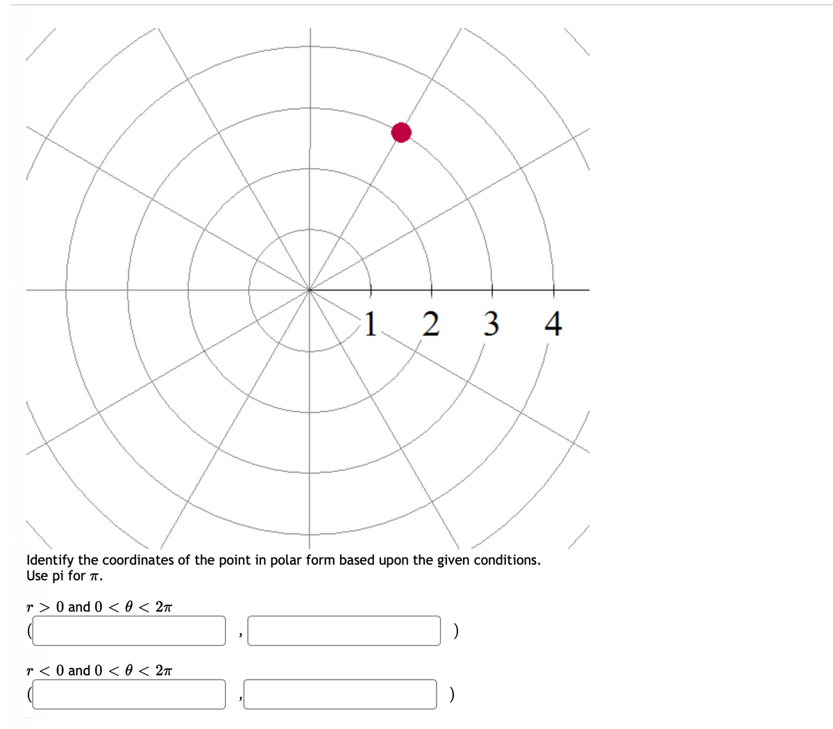 1 2 3 4
Identify the coordinates of the point in polar form based upon the given conditions.
Use pi for T.
r > 0 and 0 < 0 < 2T
r < 0 and 0 < 0 < 2™
