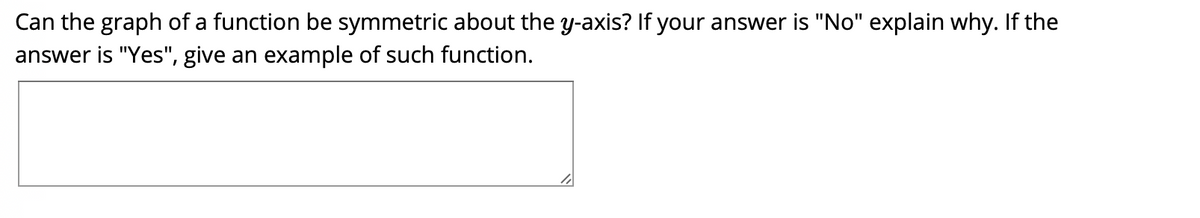Can the graph of a function be symmetric about the y-axis? If your answer is "No" explain why. If the
answer is "Yes", give an example of such function.
