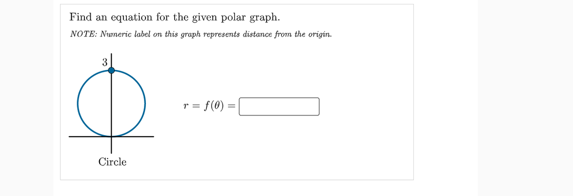 Find an equation for the given polar graph.
NOTE: Numeric label on this graph represents distance from the origin.
3
= f(0) =
Circle
